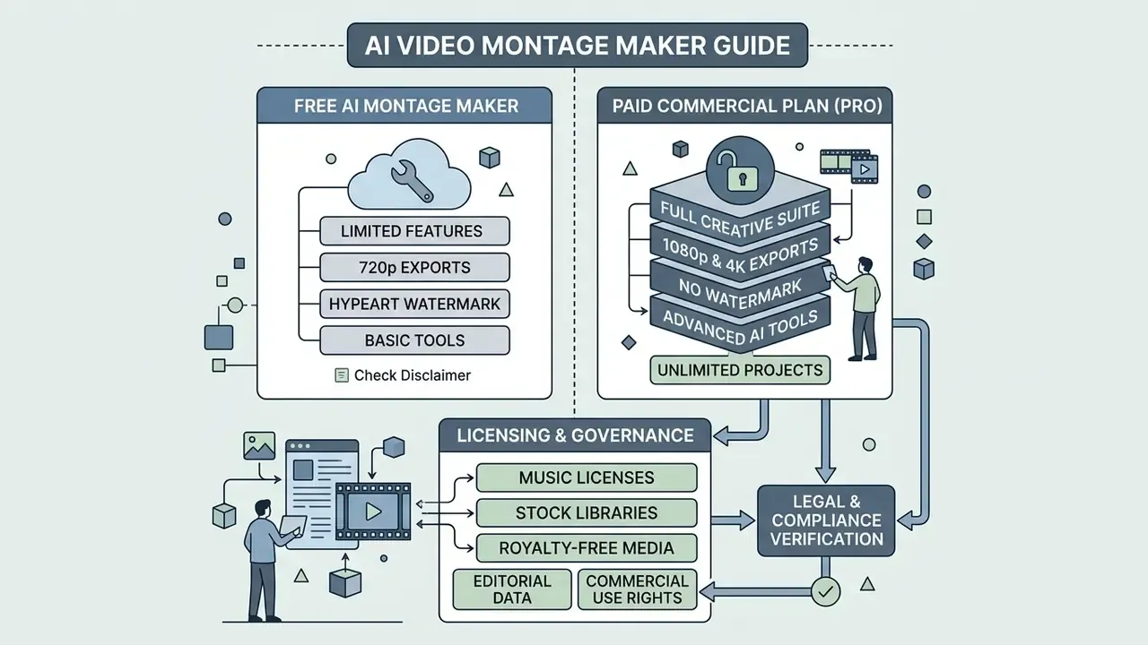 Comparison chart between free and paid AI montage maker plans including licensing and compliance factors