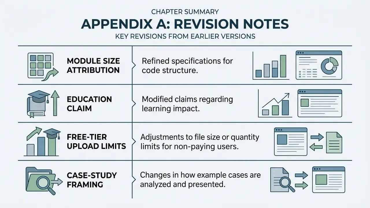 Summary table listing four key document revisions with icons and descriptions of changes made