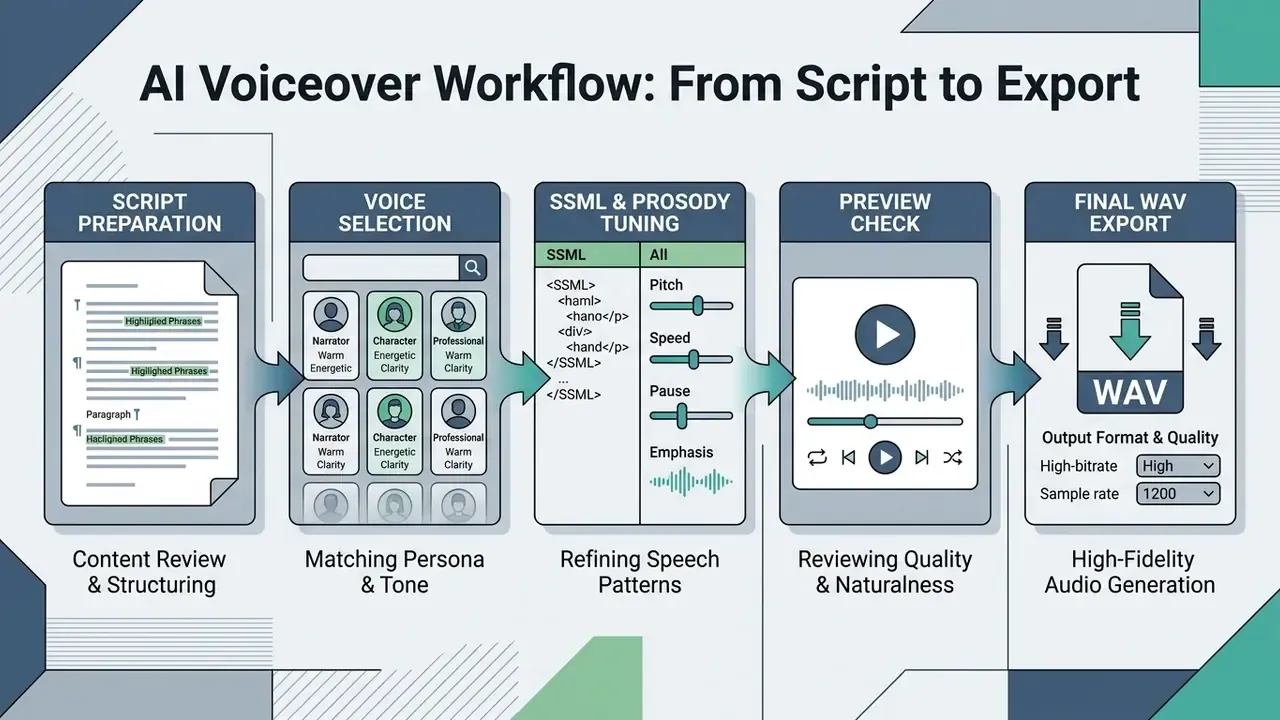 Five-step workflow diagram for an AI voice generator covering script, voice, tuning, preview, and export