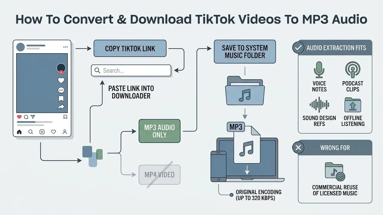 Step-by-step guide illustrating the process of extracting and saving audio from TikTok video links