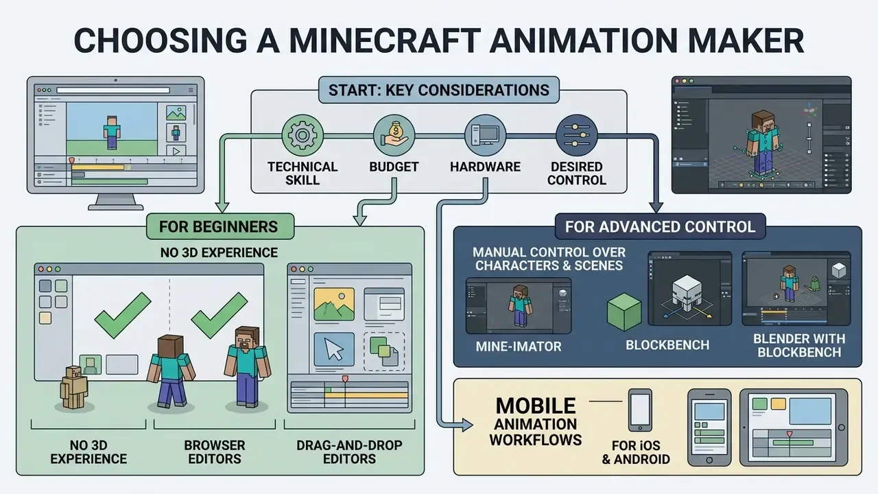 Infographic mapping key considerations like skill and budget to beginner or advanced animation software