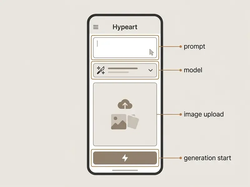 Mobile app interface showing fields for prompt input, model selection, image upload, and generation start