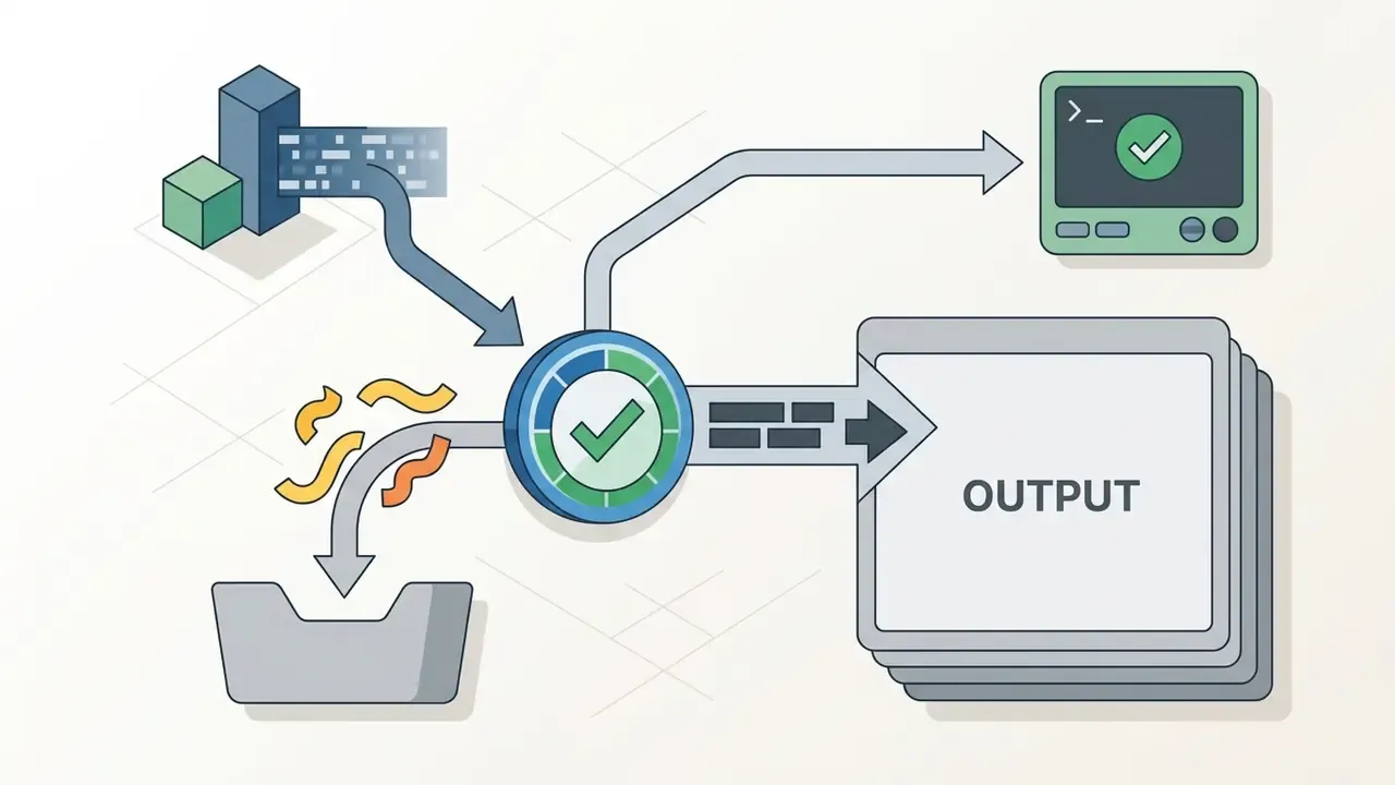 Data stream flowing through a filter into terminal and document output paths