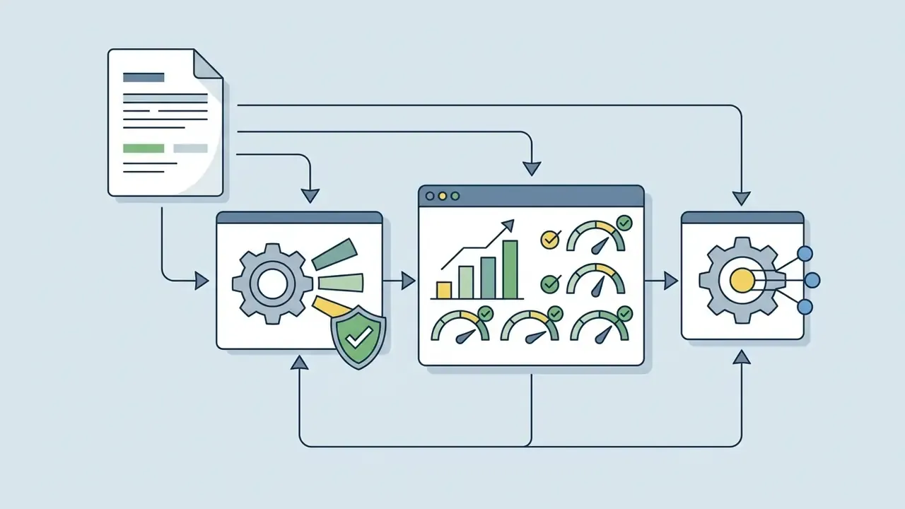 Document inputs feeding into processing gears and a central dashboard with performance gauges and charts