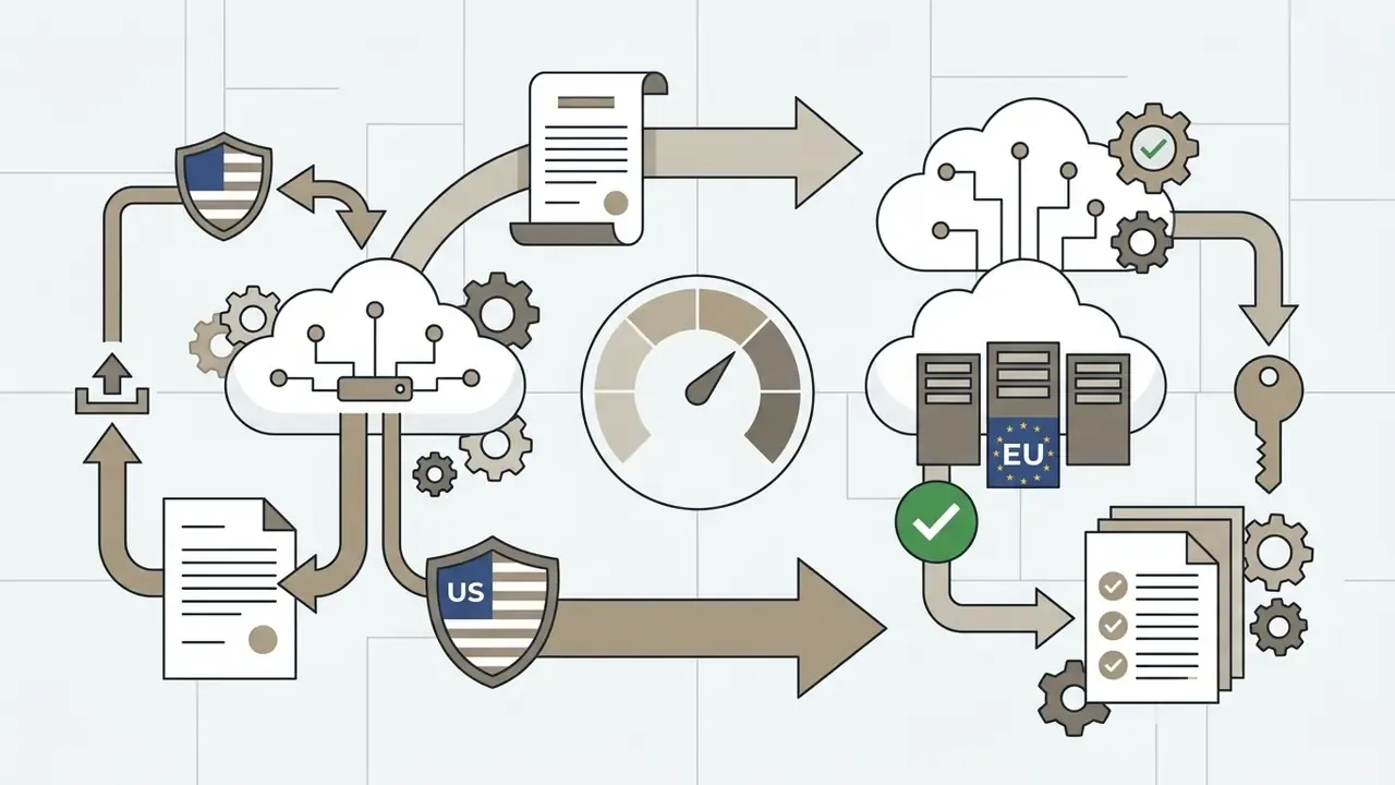 Arrows connecting cloud servers with US and EU flags to legal documents and security keys