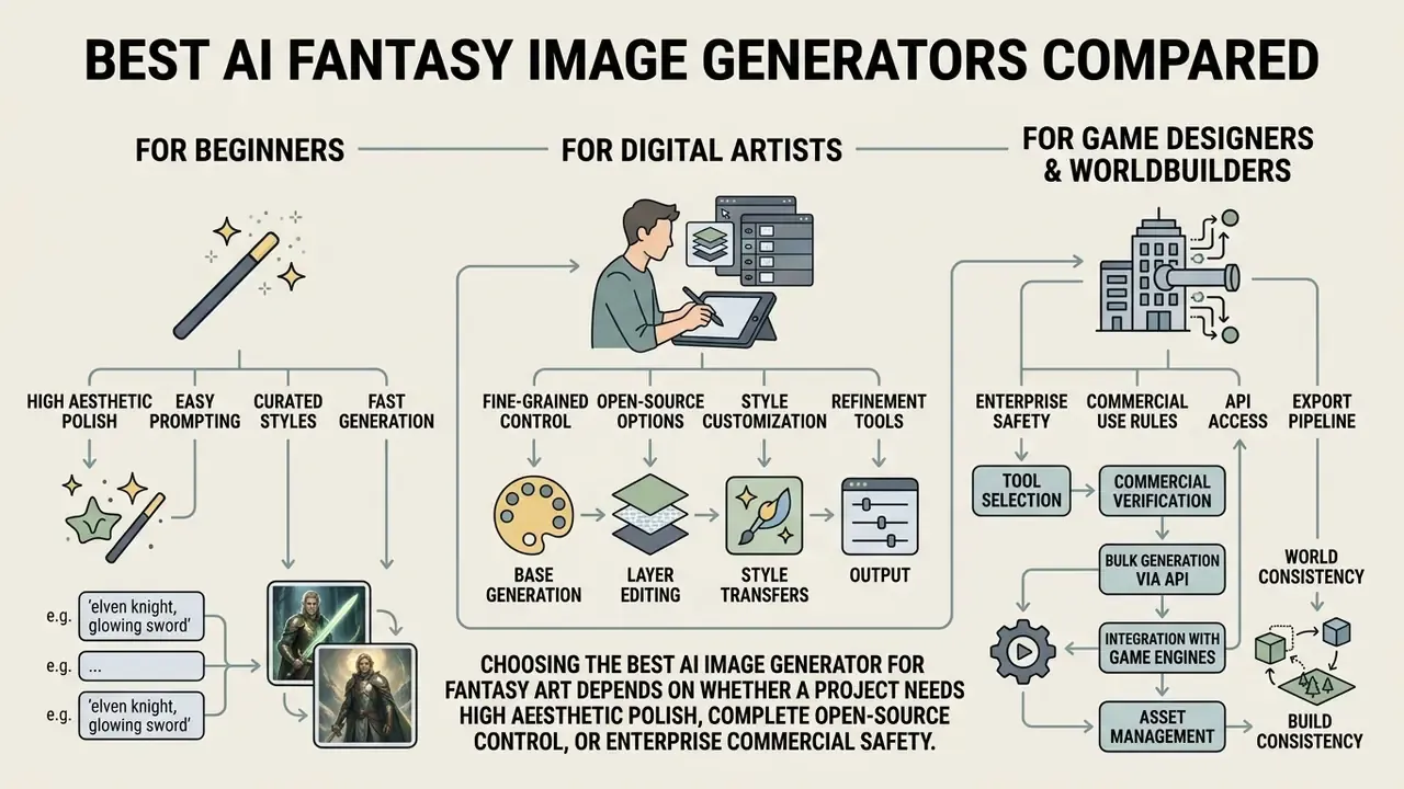 Comparison chart categorizing tools for beginners, digital artists, and game designers by specific needs