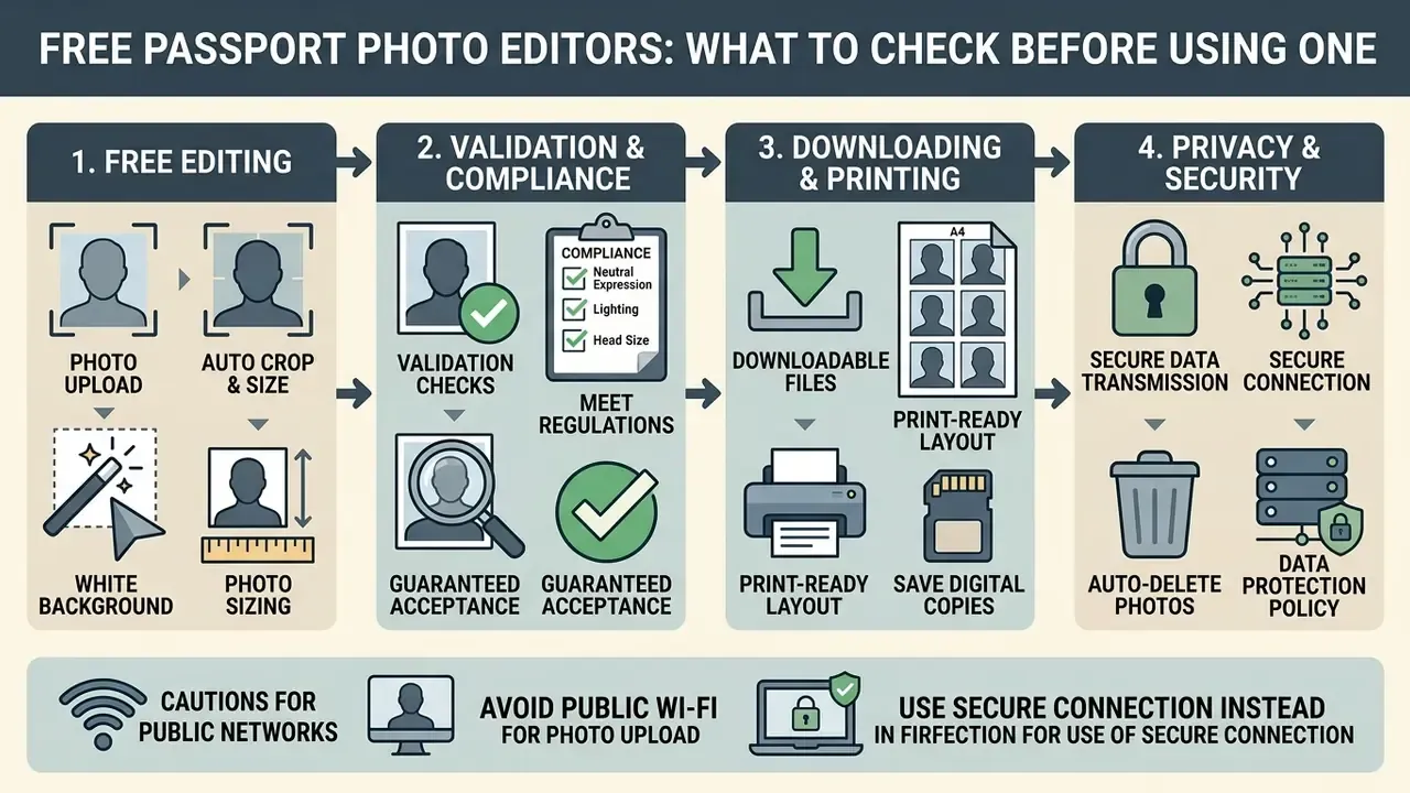 Four-part diagram outlining editing, compliance, downloading, and data security for identity portraits