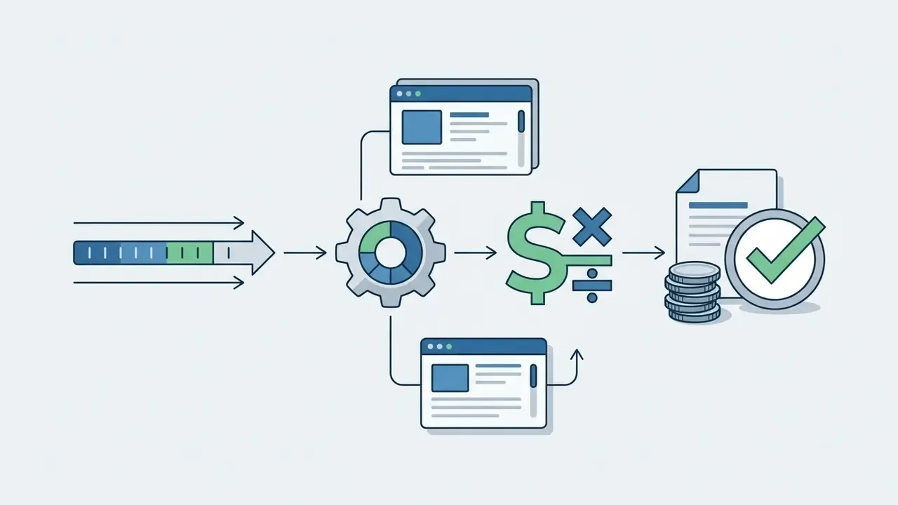 Video duration bar feeding into a gear and math symbols to calculate costs shown as coins and a checkmark