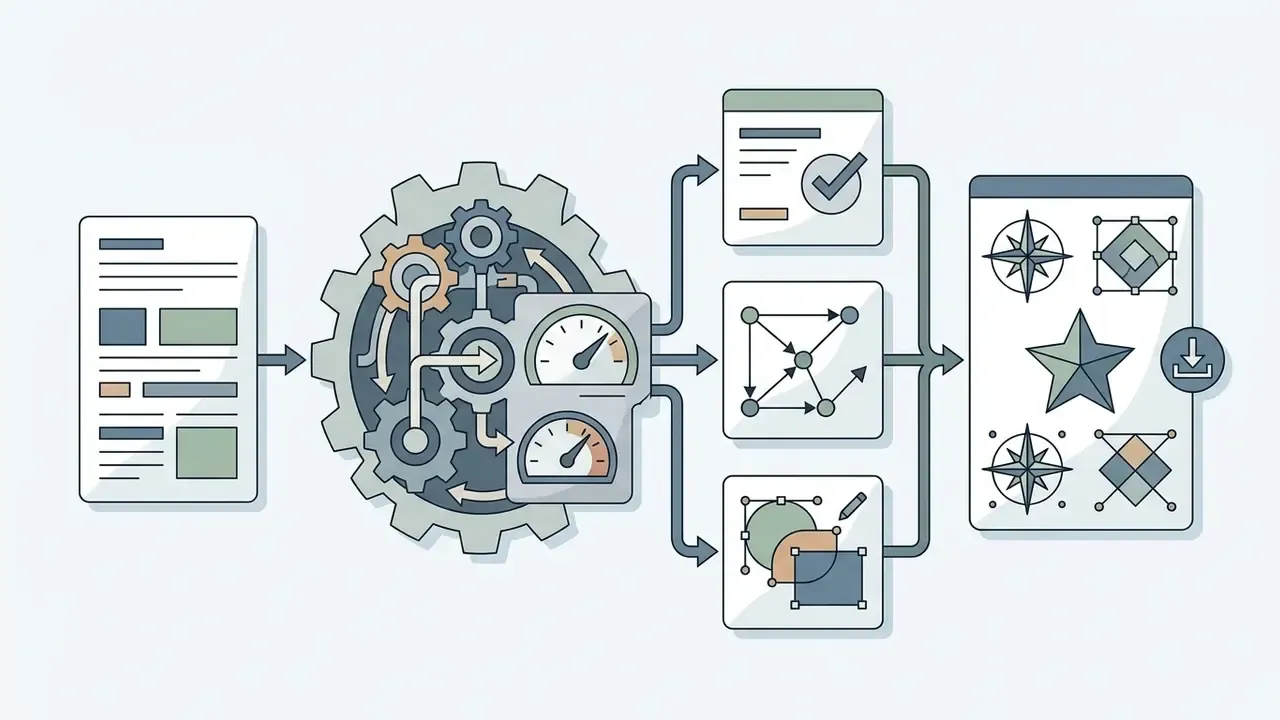 Document data feeding into a mechanical gear system that processes inputs into refined vector graphics