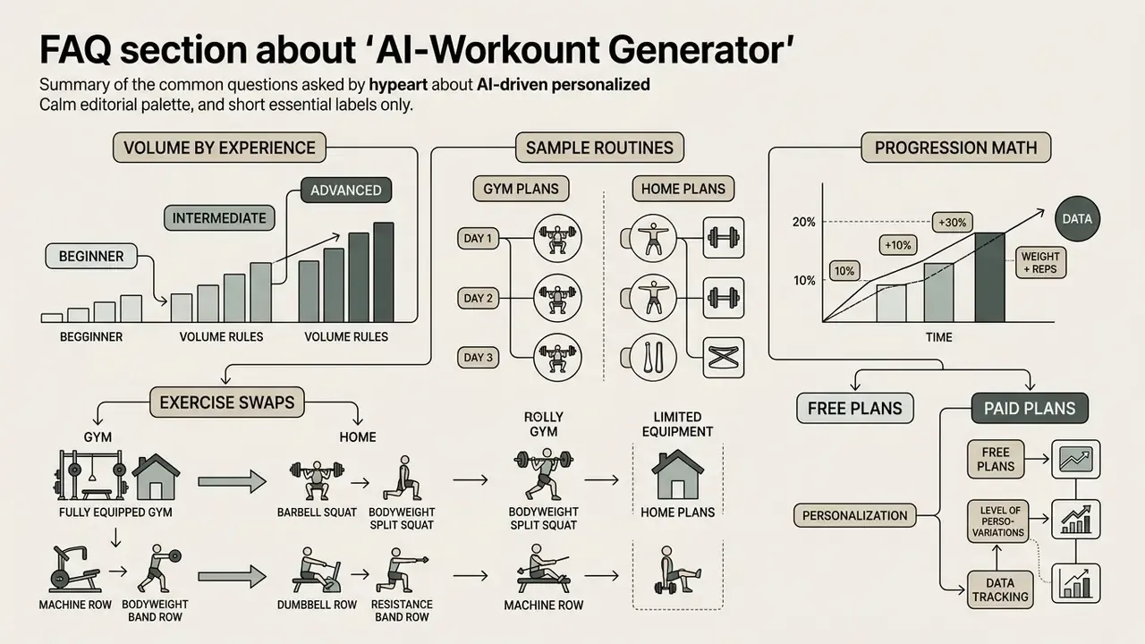 Visual guide outlining training volume, exercise swaps, progression math, and subscription plan tiers