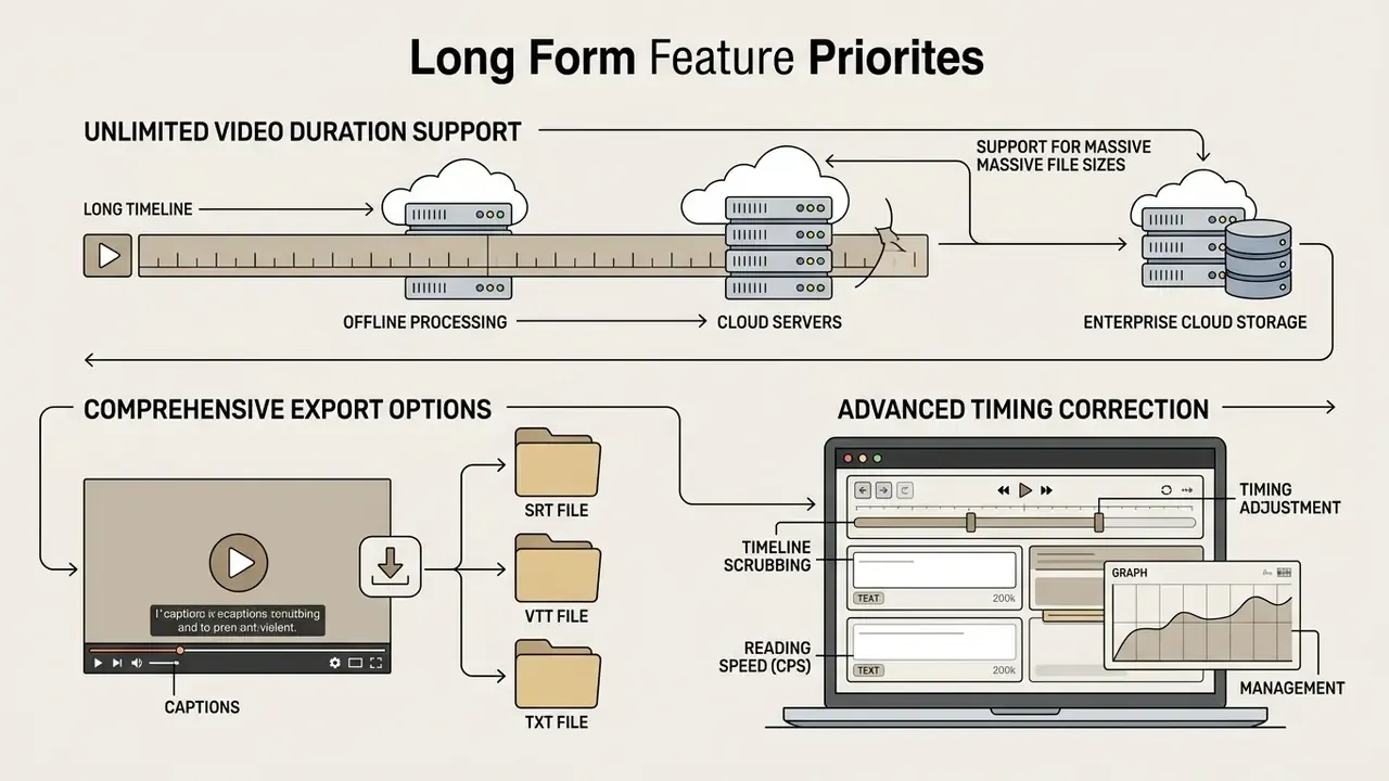 Cloud processing, file export formats, and timing tools for long-form video subtitles