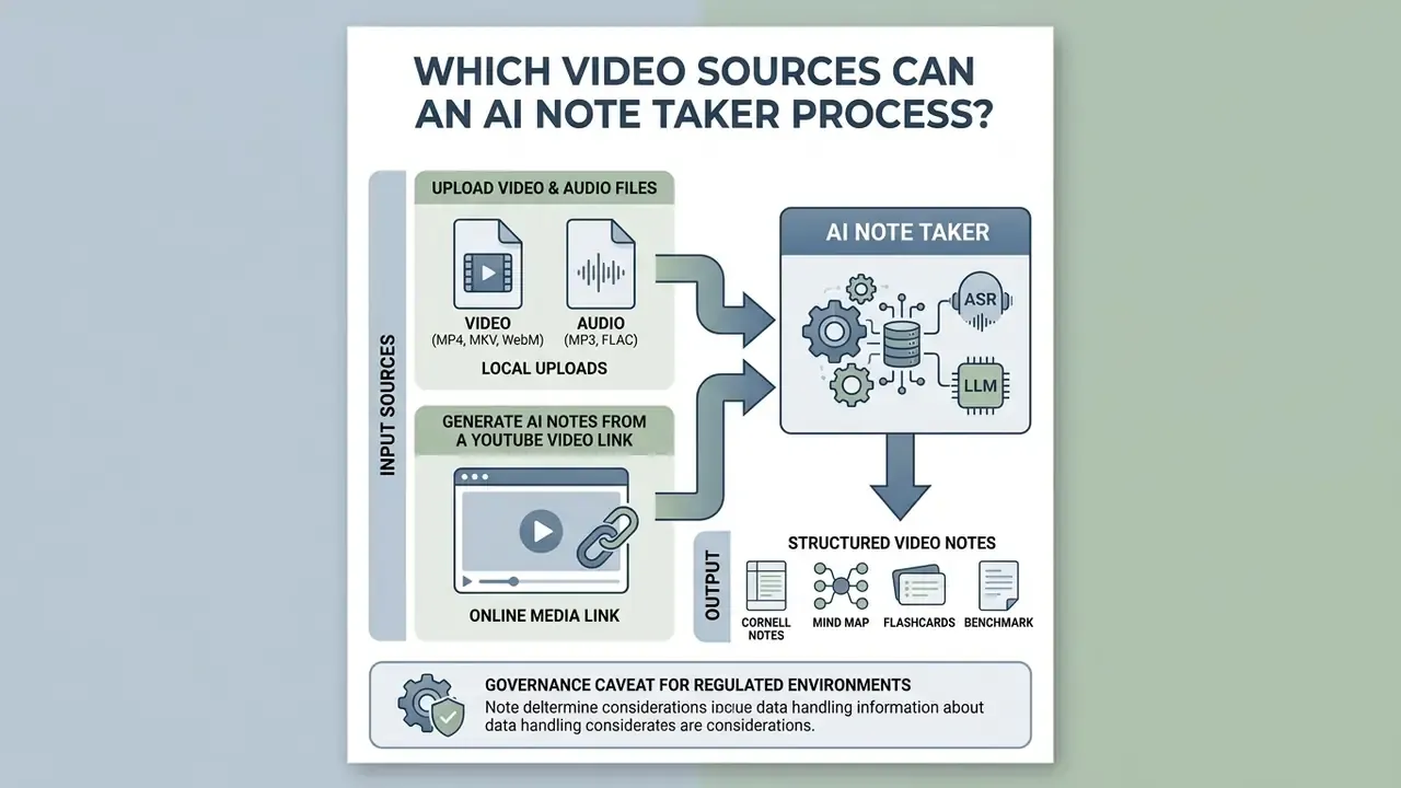 Infographic showing how local file uploads and online media links are processed into structured AI notes