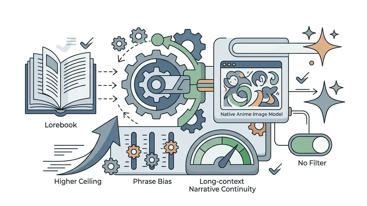 Open book feeding into a system of gears, sliders, and gauges representing narrative and image generation