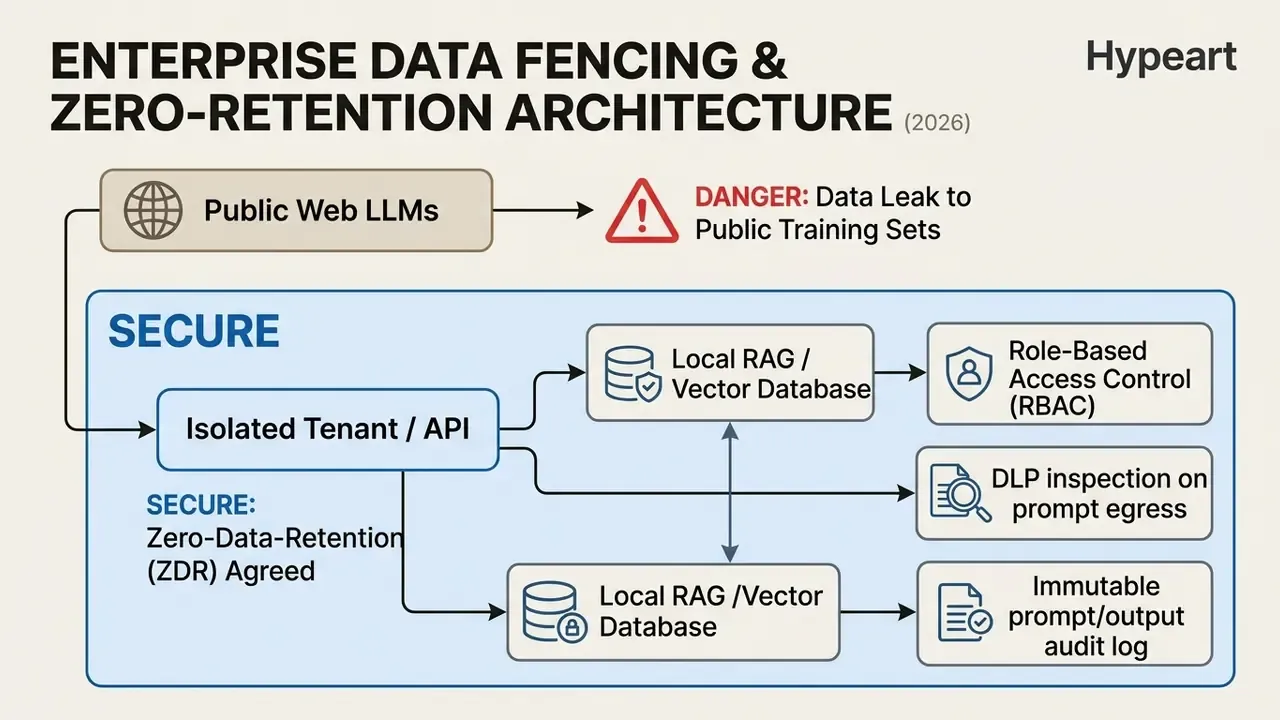 Flowchart comparing insecure public LLM usage with a secure architecture using isolated tenants and RAG