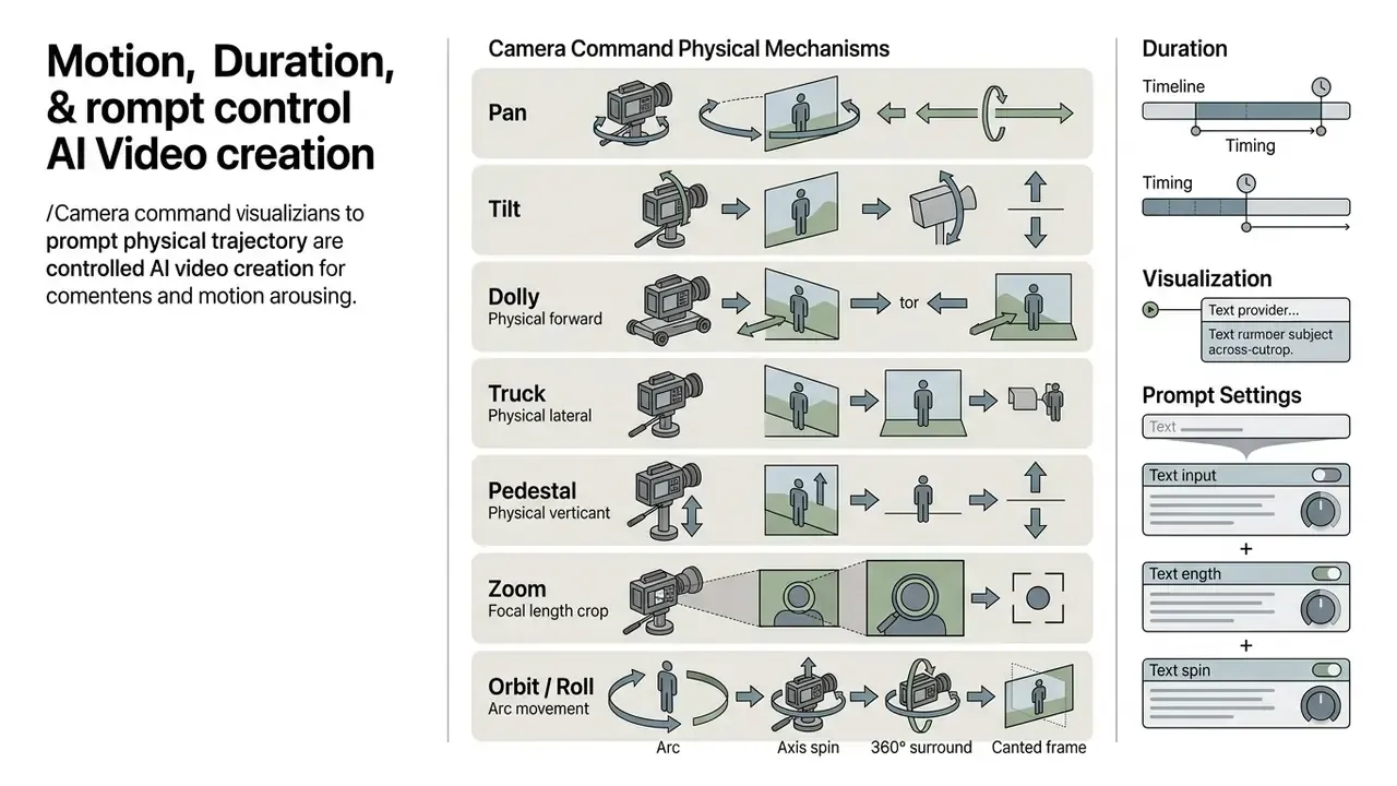Table showing camera movement techniques like pan, tilt, and zoom alongside duration and prompt settings