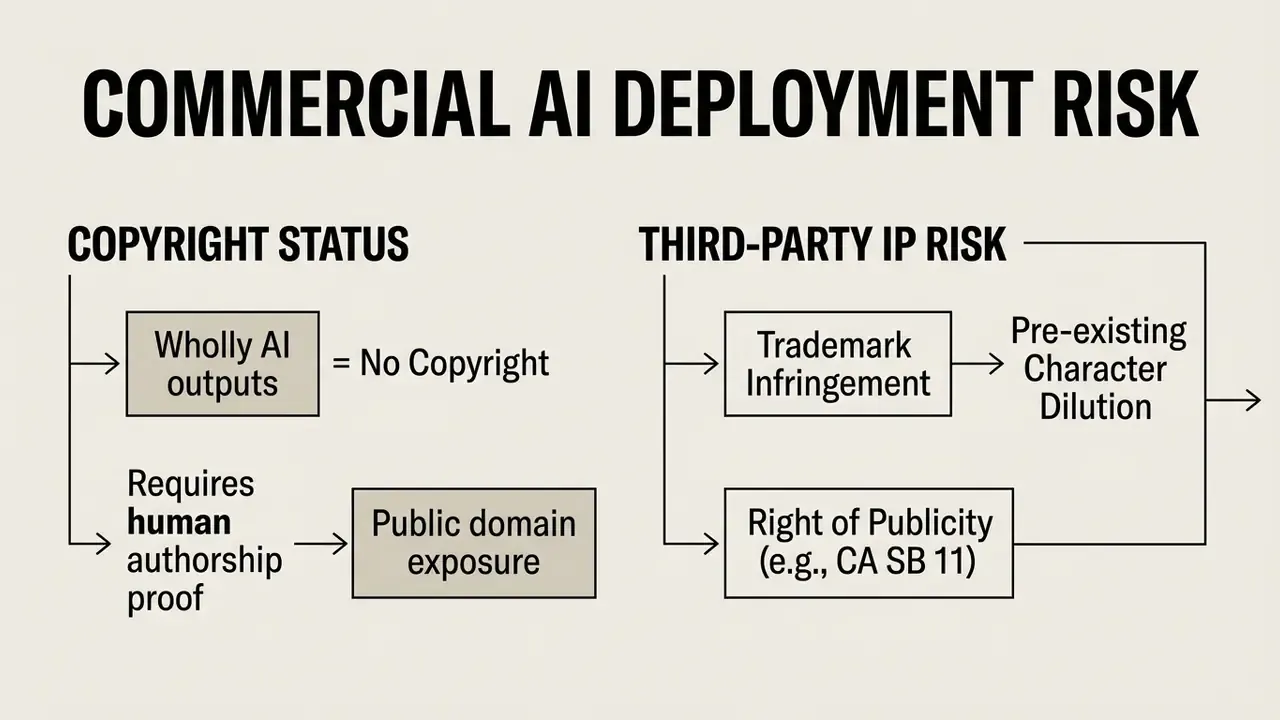 Two-column diagram comparing copyright status and third-party IP risks for commercial AI deployment