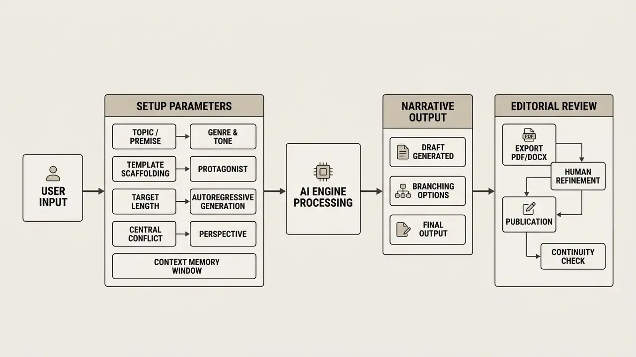 Flowchart detailing the stages of an AI story generator from initial user input to editorial review