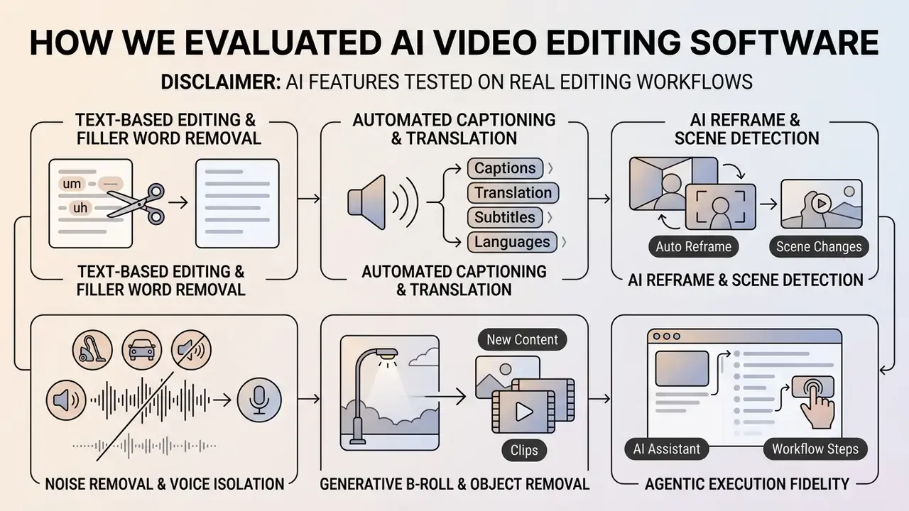 Flowchart detailing testing methods for AI video editing software features like captioning and reframe