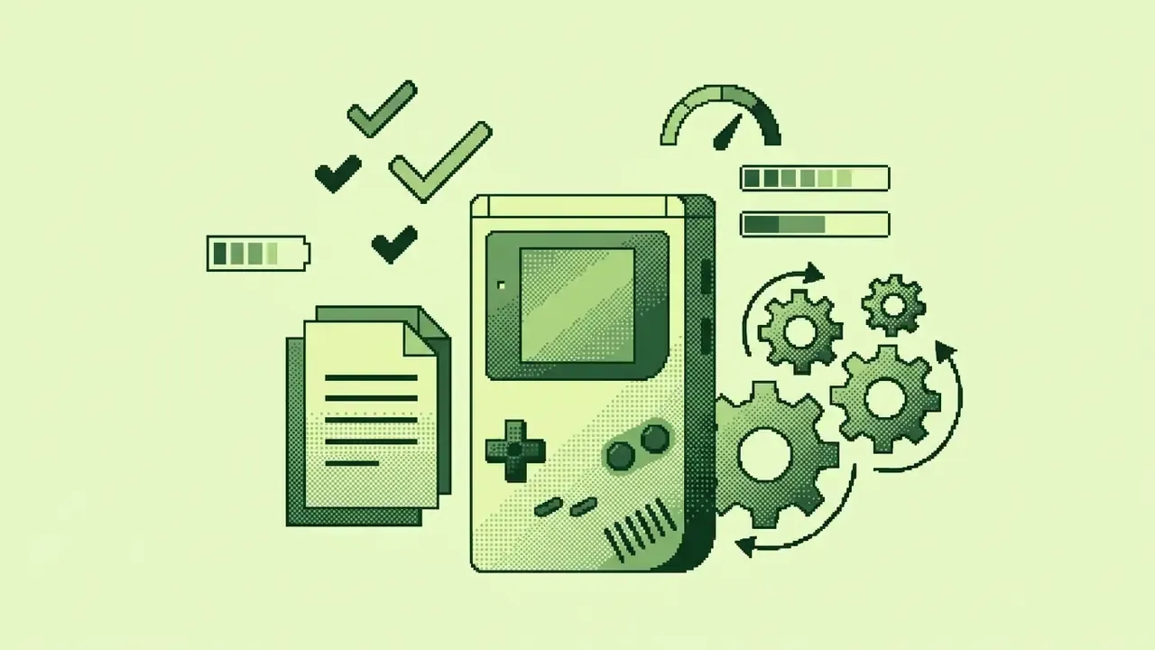Handheld game console surrounded by checkmarks, document icons, gear symbols, and loading bars in green