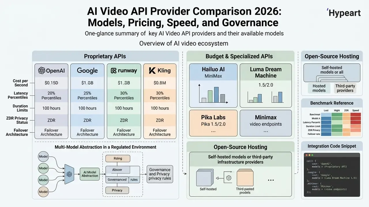 Categorized overview of AI video API providers comparing proprietary models, budget services, and hosting