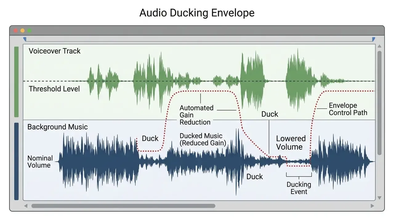 Waveform diagram showing background music volume lowering automatically when voiceover exceeds a threshold