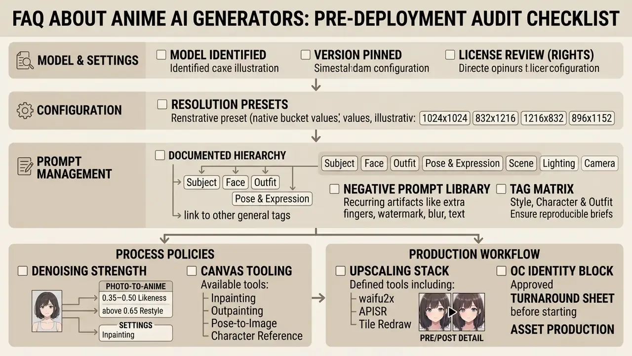 Checklist detailing model settings, prompt hierarchies, and production workflows for digital art creation