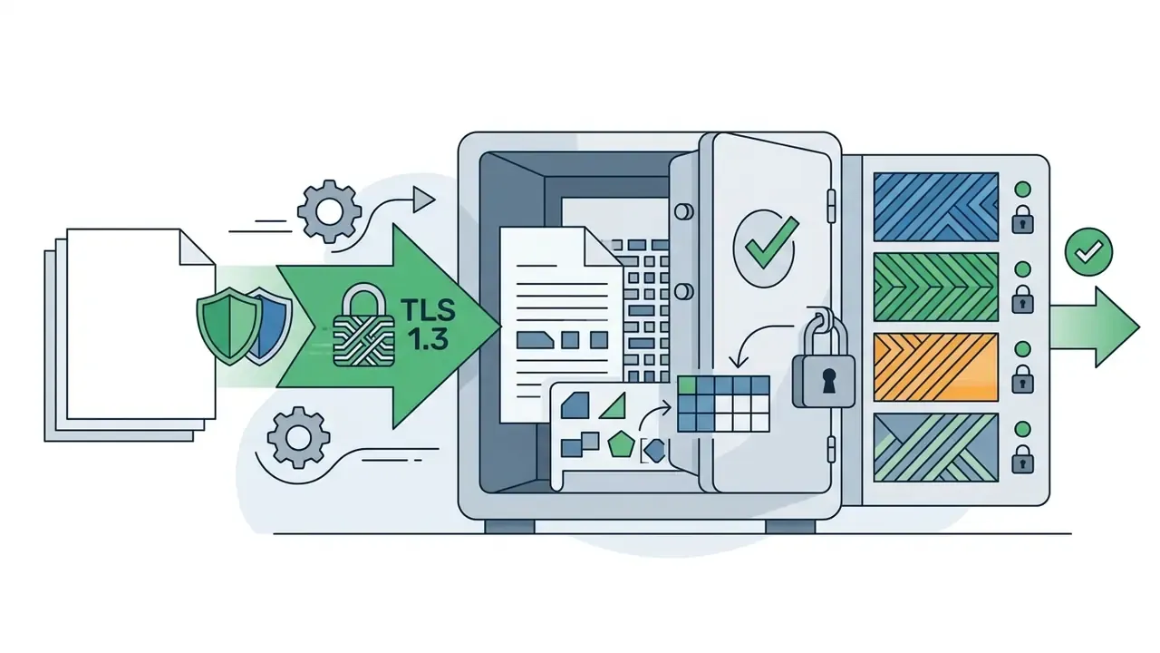 Documents moving through a secure tunnel into a vault for encrypted storage and data protection