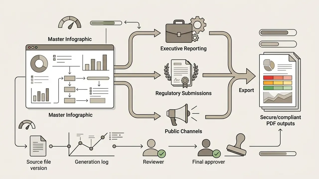 Master infographic template flowing into executive, regulatory, and public formats for final PDF export