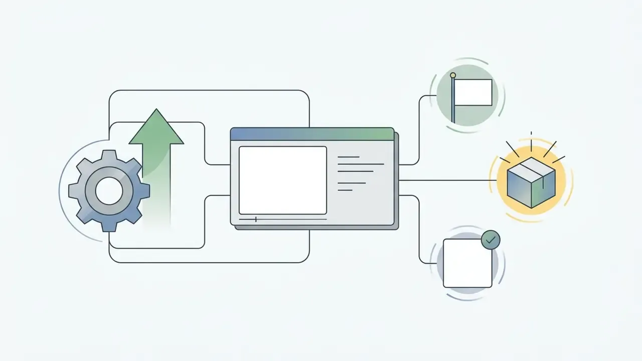 Gear and arrow icon feeding a video interface that branches into flag, box, and checklist symbols