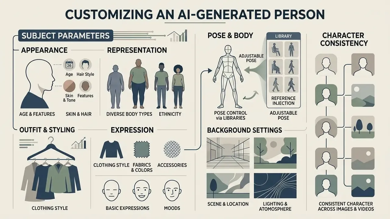 Diagram detailing options for modifying synthetic human traits including appearance, pose, and background