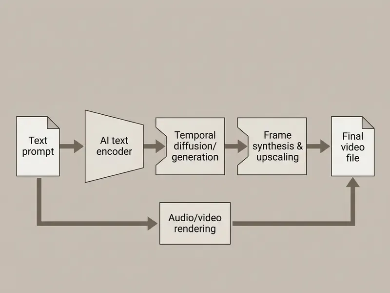 Flowchart showing the text-to-video AI process from initial prompt to final rendered video file
