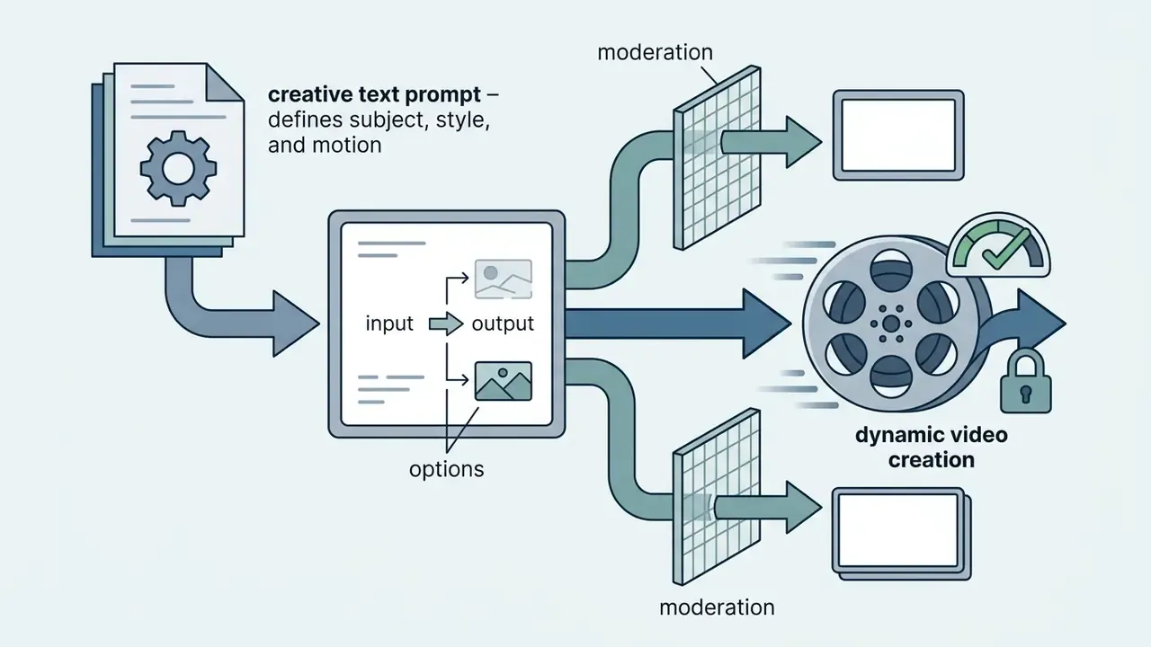 Text prompts flowing through a central hub to bypass moderation filters and generate dynamic video content