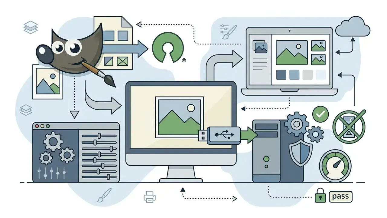 Open source software mascot and computer monitor connected to a portable USB drive and workstation