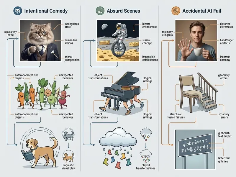 Annotated gallery categorizing funny AI generated images by their specific visual humor mechanisms