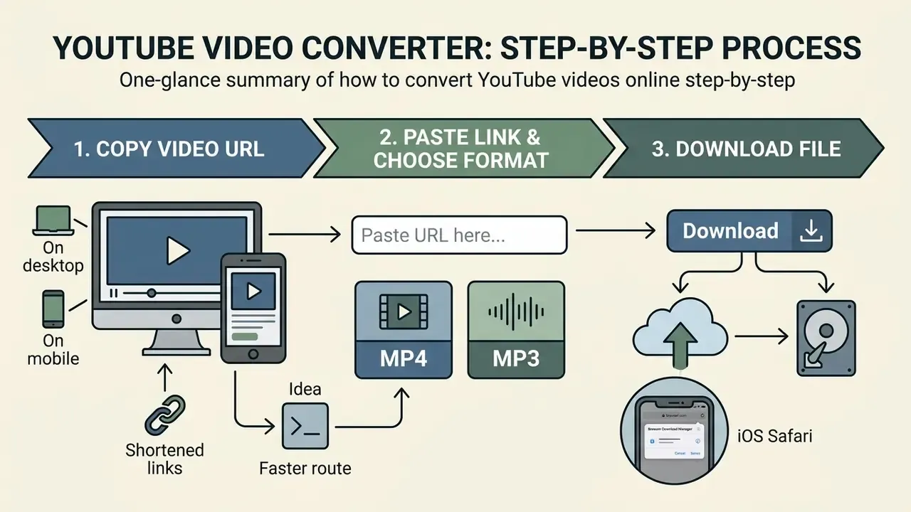 Visual guide showing how to copy a URL, select MP4 or MP3 format, and download the converted file