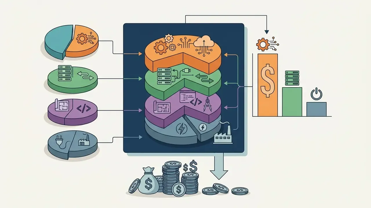 Layered pie charts feeding into a central cost model with bar graphs and stacks of coins