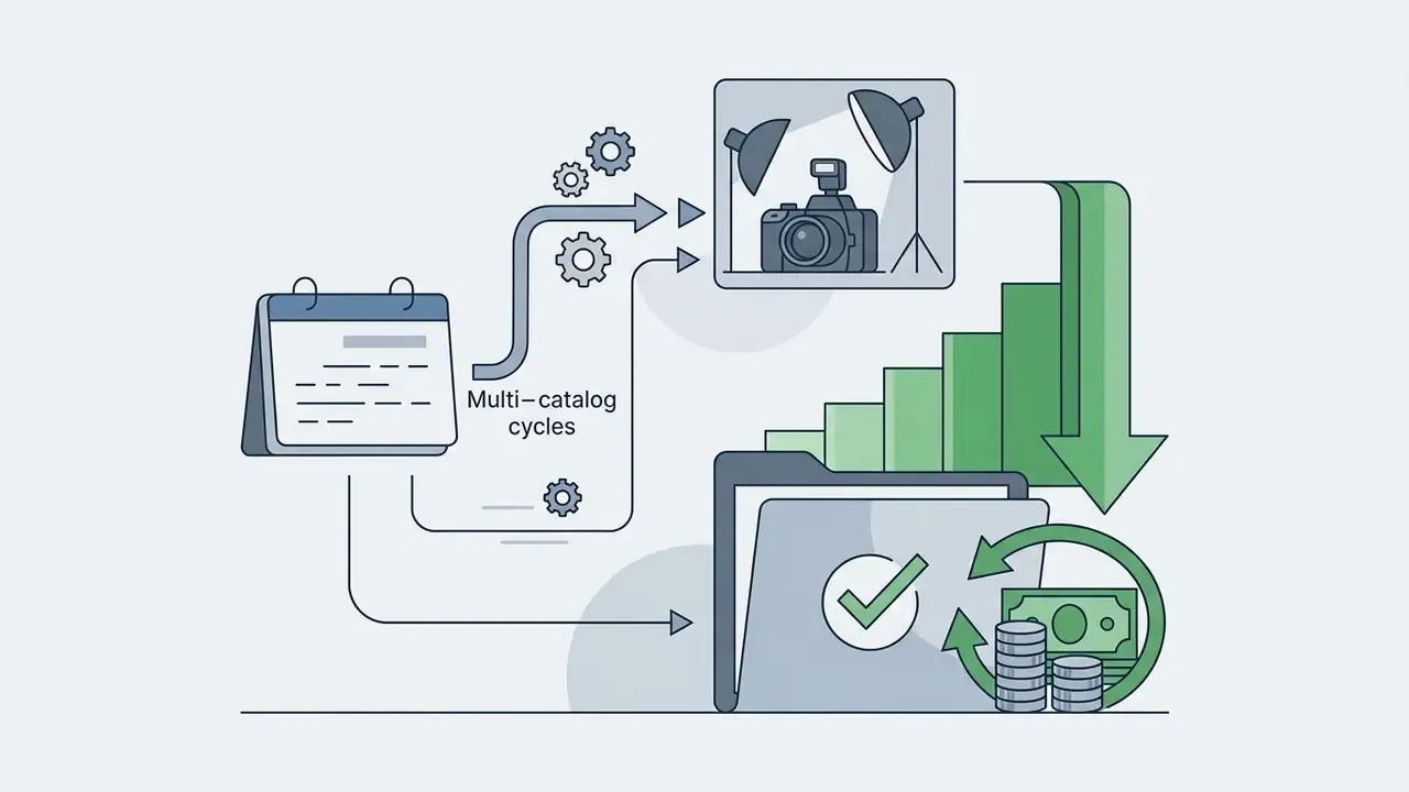 Calendar and camera icons showing how reducing multi-catalog production cycles leads to cost savings