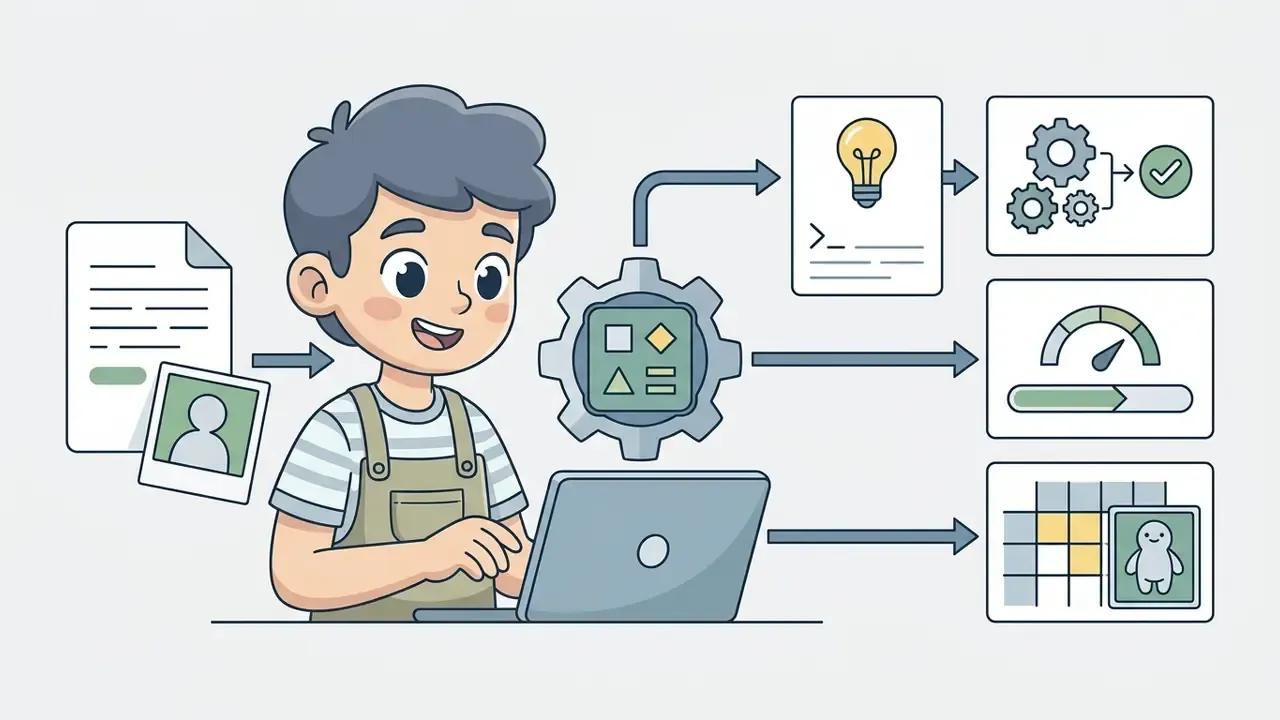 Young inventor using a laptop to process character design data through a central gear and output icons