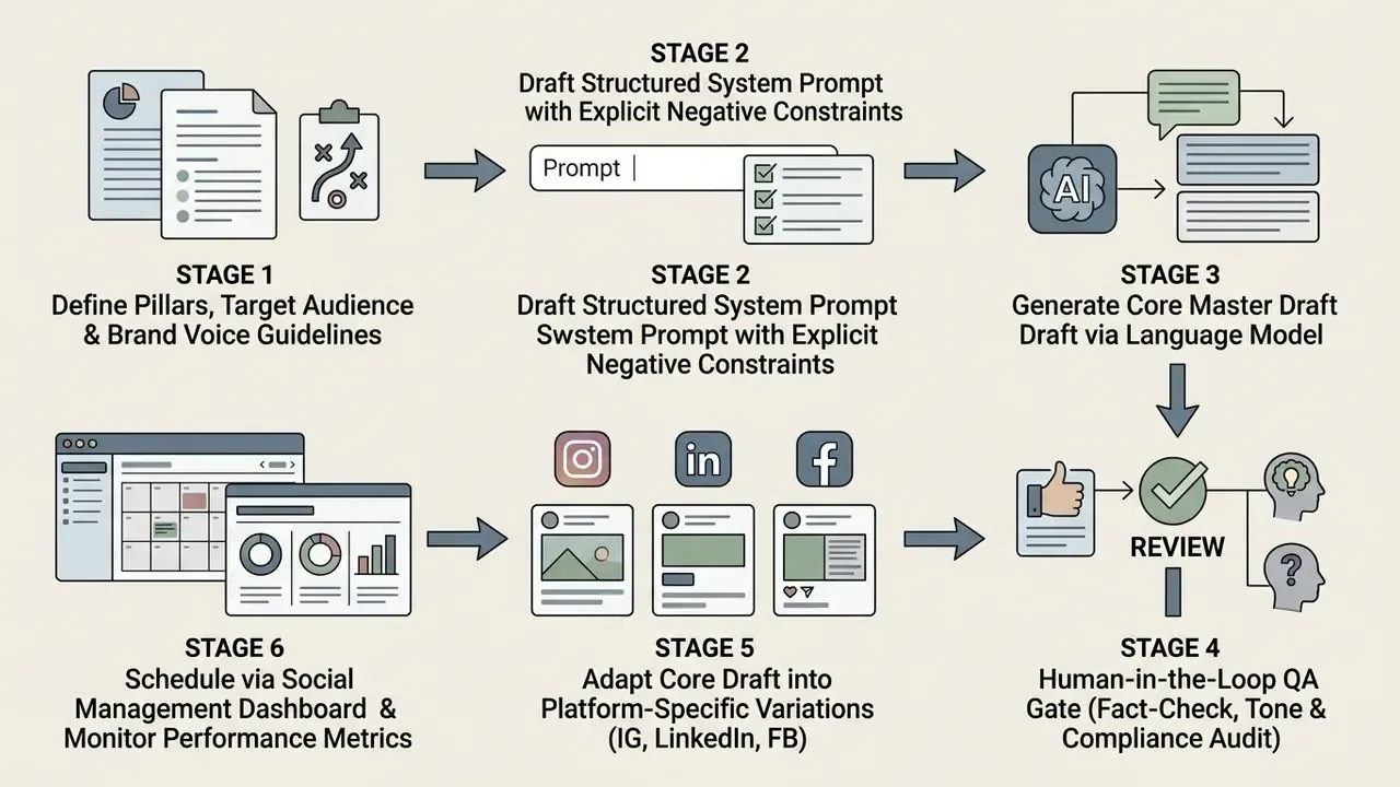 Six-stage linear process diagram showing AI content creation from strategy to scheduling and analytics