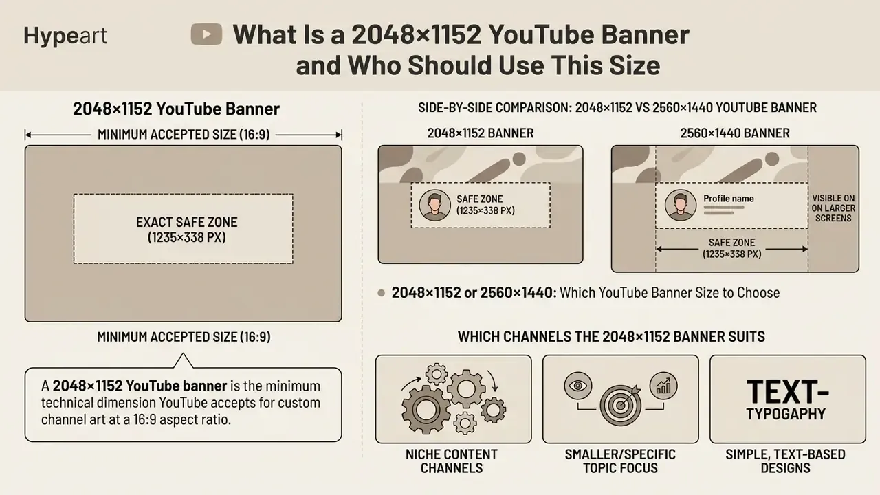 Infographic comparing 2048x1152 and 2560x1440 YouTube banner sizes with safe zones and use cases