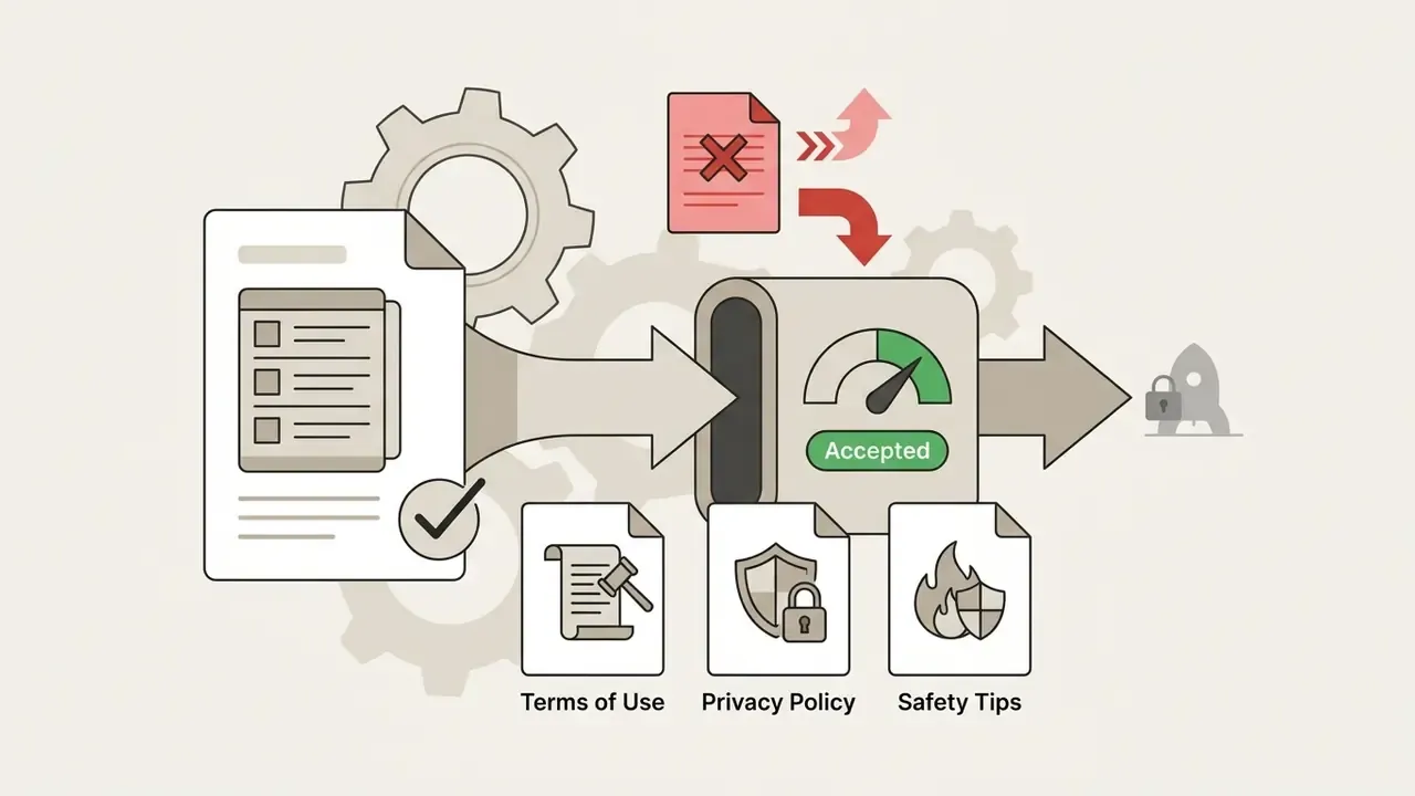 Checklist document flowing into a gauge processor that validates terms, privacy, and safety policies