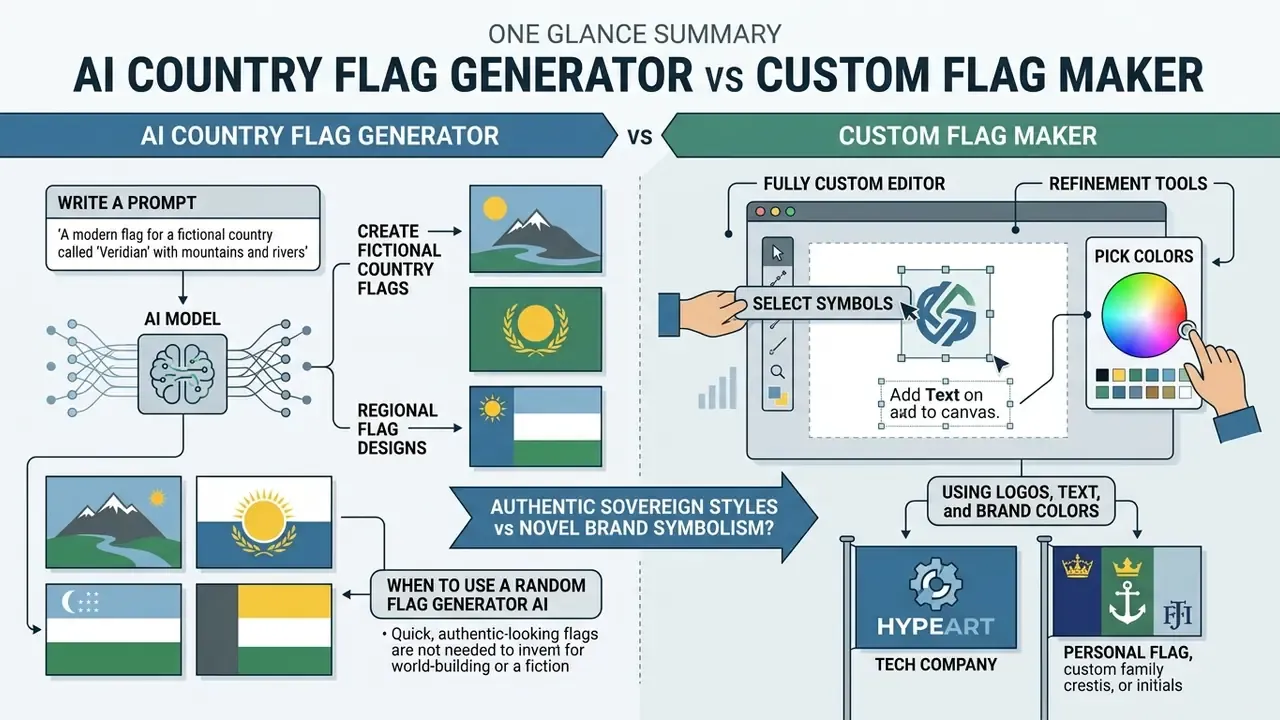 Comparison chart contrasting automated flag generation with manual design tools for branding and world-building