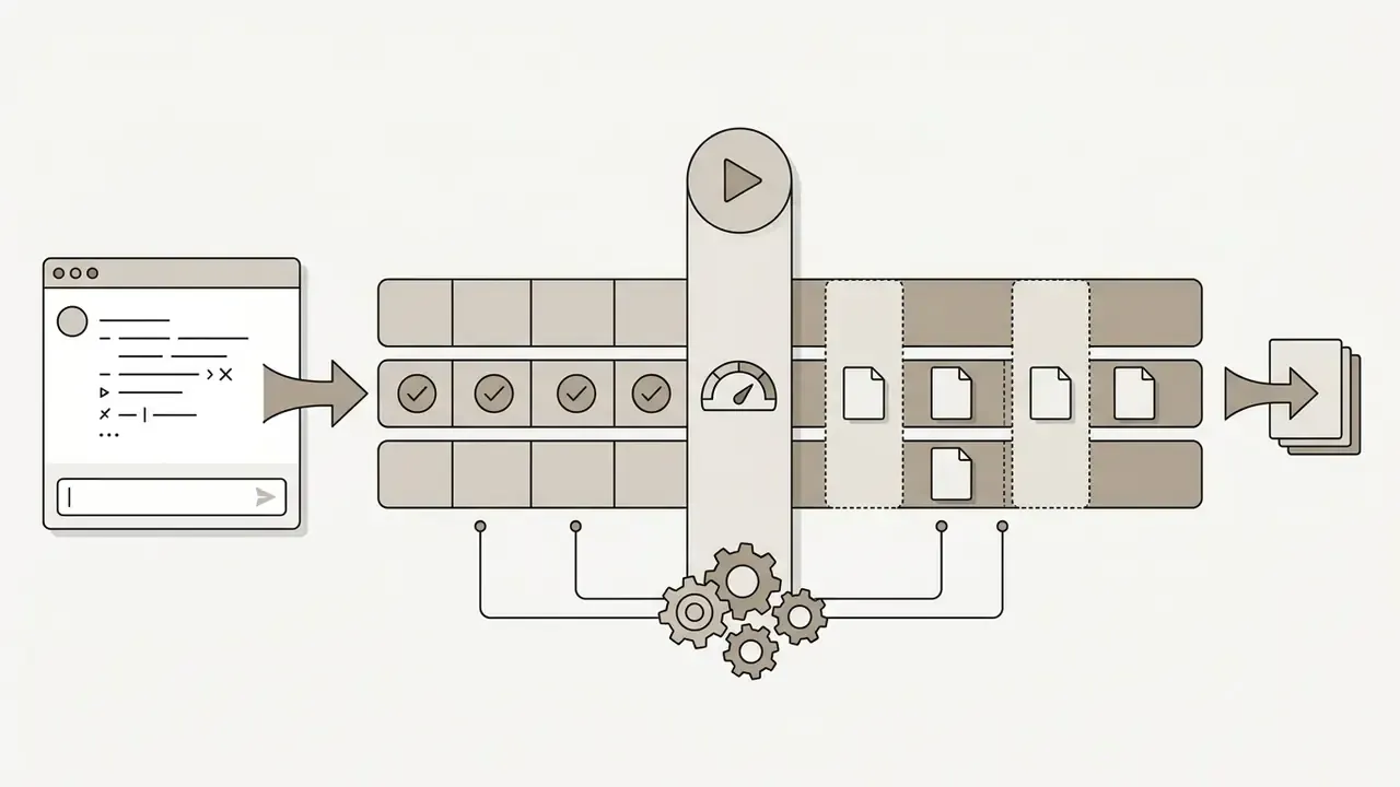 Chat interface sending instructions to a multi-step automated video processing pipeline with gear icons