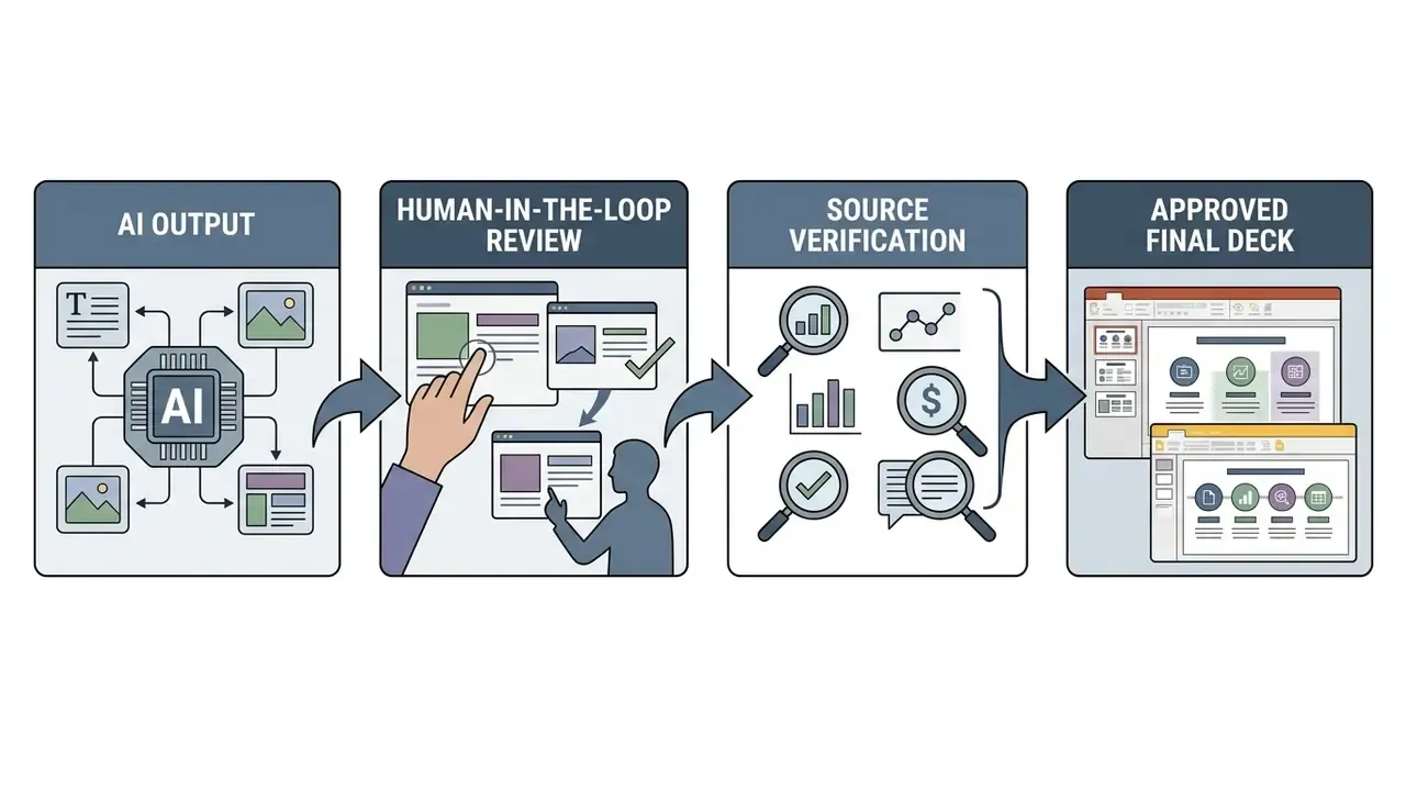 Four sequential stages showing AI slide generation, manual review, data verification, and final deck output