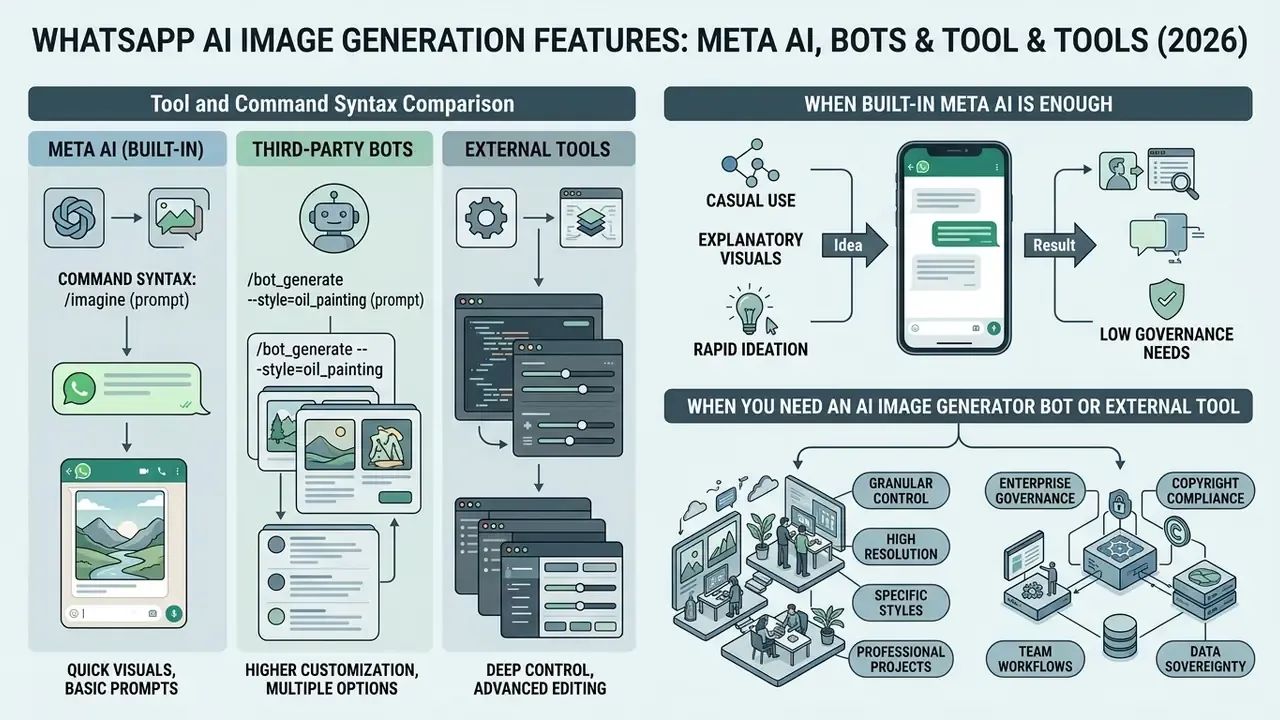 Comparison chart for WhatsApp AI image generation features showing command syntax and use case scenarios