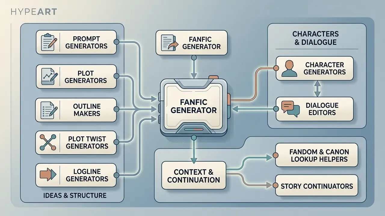 Flowchart showing how various AI tools for ideas, characters, and story continuation complement a fanfic generator