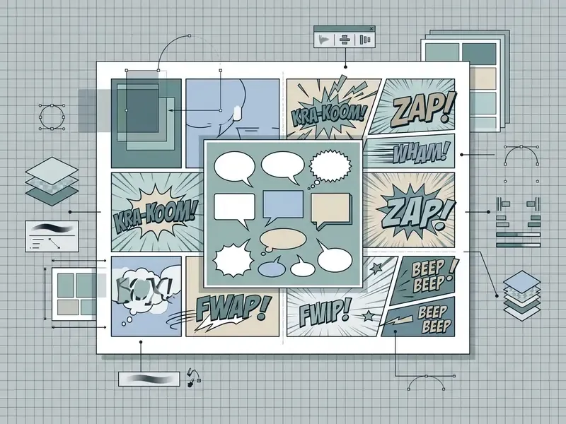 Comic book page layout surrounded by design tools, speech bubble selections, and various graphic elements