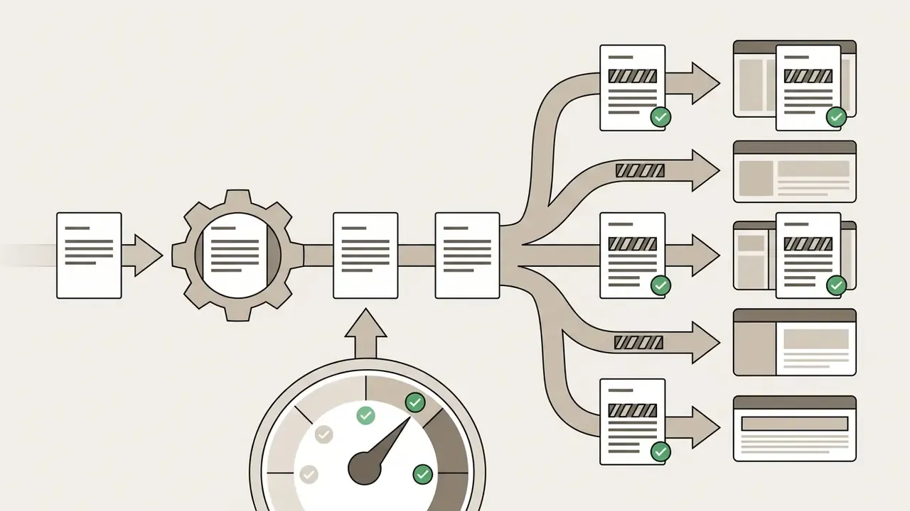 Document icons passing through a gear and performance gauge to be distributed into various web templates