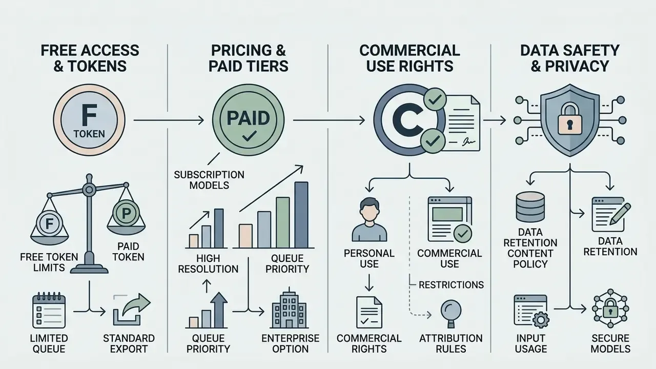 Diagram detailing considerations for generator access, pricing, usage rights, and data privacy policies