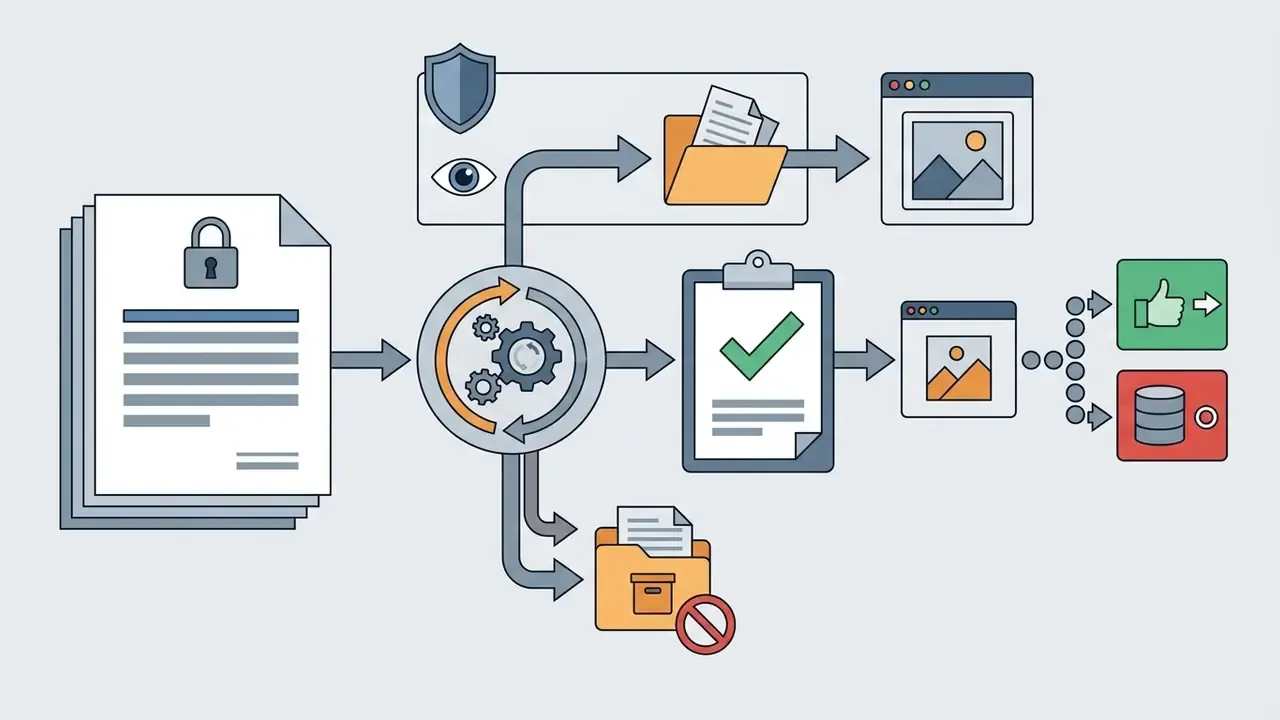Locked document feeding into a gear processor that routes data to storage, review, or public output